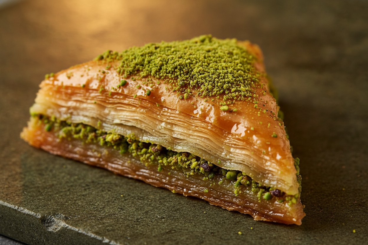 Kırk kat elde açılmış fıstıklı baklava makro çekim