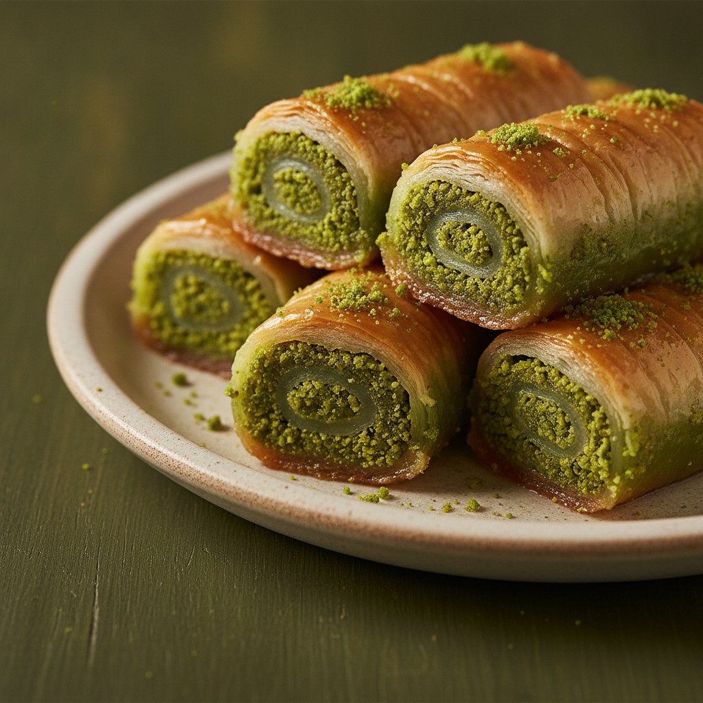 Fıstık sarma baklava, yoğun fıstıklı rulo dilimler