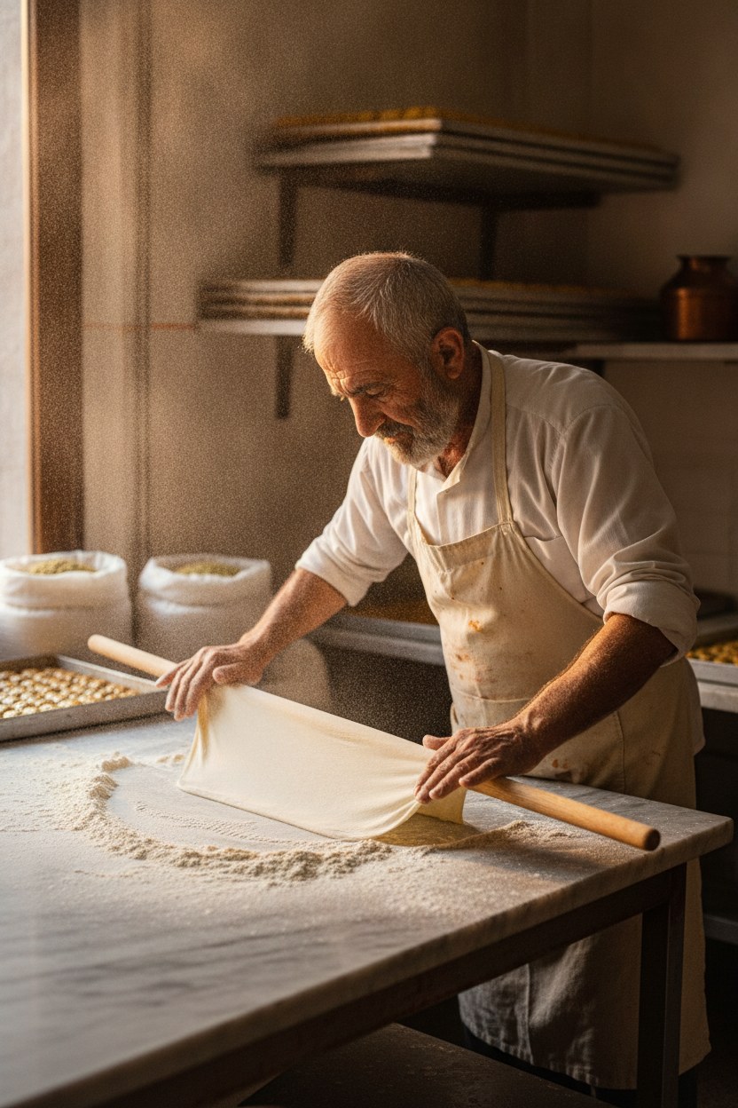Baklava ustası Tahsin Görgün, elde yufka açarken